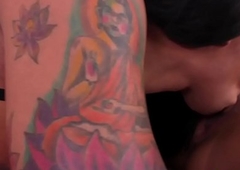 Tattooed ts pleasures her oriental girlfriend