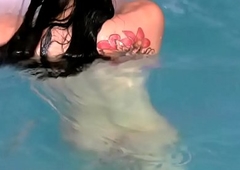 Fat aggravation tranny plays with her massive cock in pool with an increment of finishes off