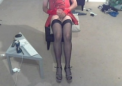 red-hot latex dress, stockings, heels, wank and cum