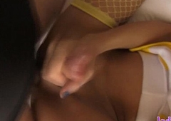 Close-knit cheerleader ladyboy blowjob with the addition of butt fucked sans a condom